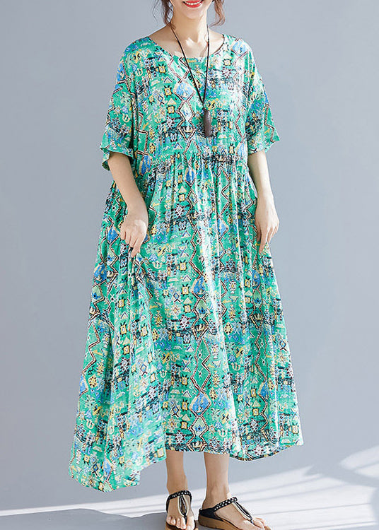 Organic green print linen Wardrobes Vintage design o neck Cinched Robe Summer Dresses