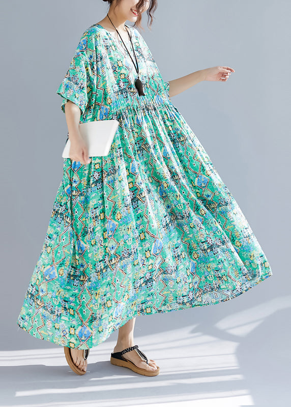 Organic green print linen Wardrobes Vintage design o neck Cinched Robe Summer Dresses