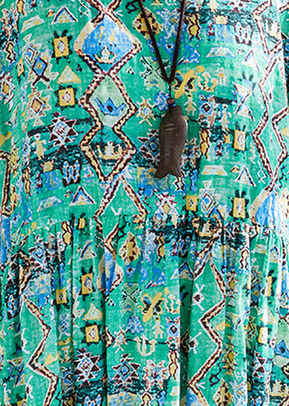 Organic green print linen Wardrobes Vintage design o neck Cinched Robe Summer Dresses