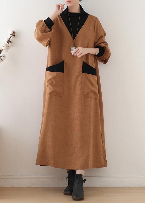 Organic high neck patchwork cotton dresses Work Outfits yellow A Line Dresses fall - SooLinen