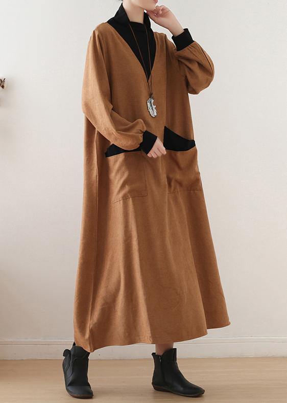 Organic high neck patchwork cotton dresses Work Outfits yellow A Line Dresses fall - SooLinen