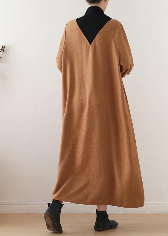 Organic high neck patchwork cotton dresses Work Outfits yellow A Line Dresses fall - SooLinen