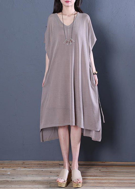 Organic khaki linen clothes For Women v neck side open baggy summer Dress - SooLinen
