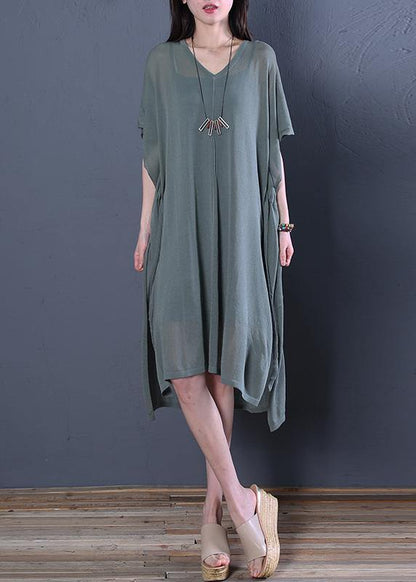 Organic khaki linen clothes For Women v neck side open baggy summer Dress - SooLinen