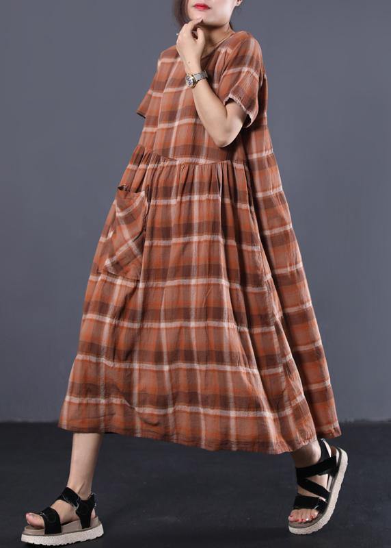 Organic khaki plaid o neck cotton clothes Women big hem long summer Dresses - SooLinen