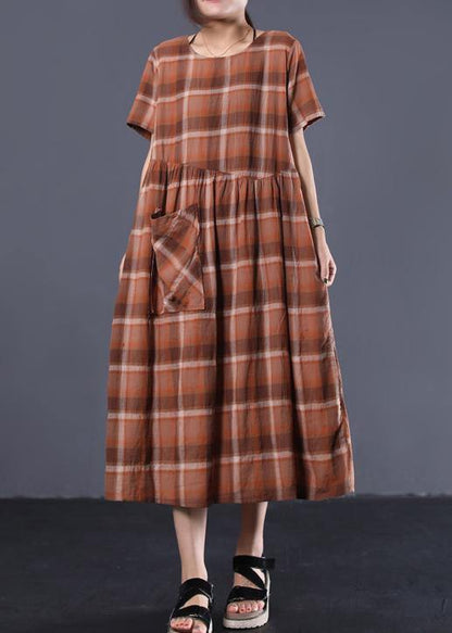 Organic khaki plaid o neck cotton clothes Women big hem long summer Dresses - SooLinen