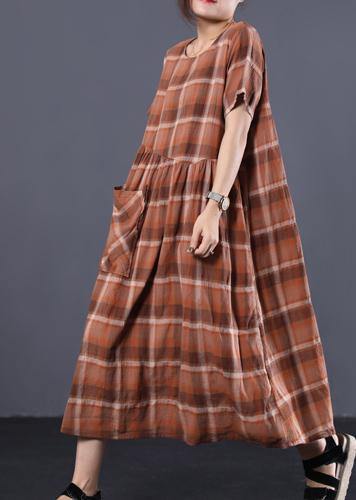 Organic khaki plaid o neck cotton clothes Women big hem long summer Dresses - SooLinen