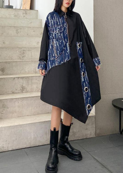 Organic lapel asymmetric dresses Catwalk black Robe Dress - SooLinen