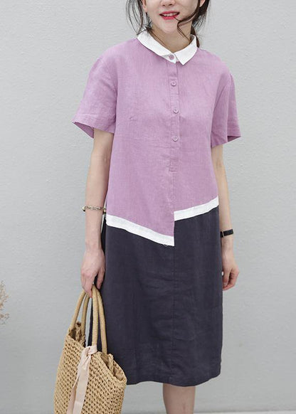 Organic lapel patchwork linen summerLong Shirts pattern purple Dress - SooLinen
