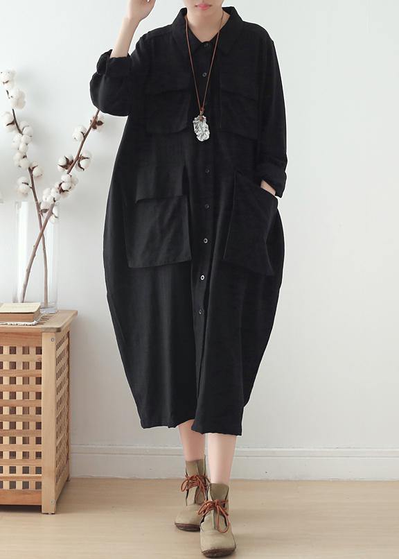 Organic lapel pockets fall Tunics Fabrics black Plus Size Dresses - SooLinen