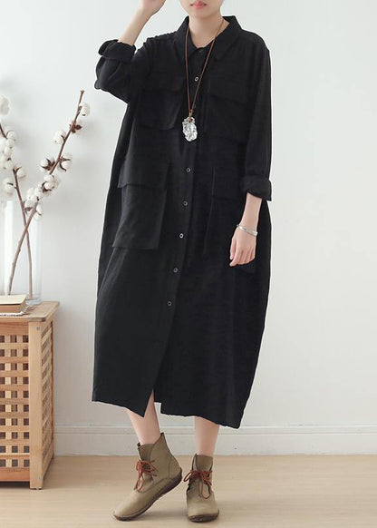 Organic lapel pockets fall Tunics Fabrics black Plus Size Dresses - SooLinen