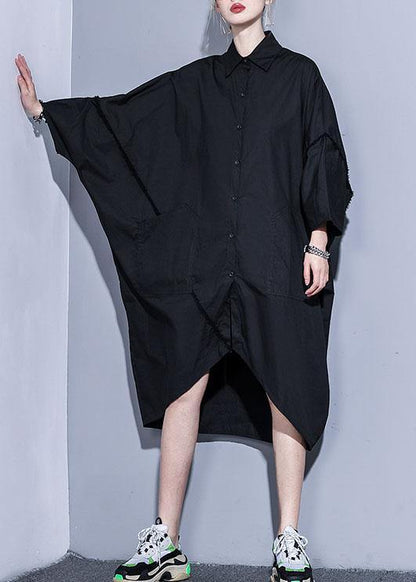Organic lapel pockets patchwork cotton spring clothes For Women design black Traveling Dress - SooLinen