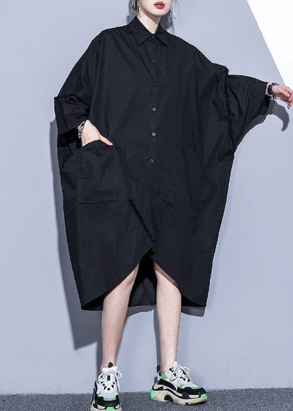 Organic lapel pockets patchwork cotton spring clothes For Women design black Traveling Dress - SooLinen