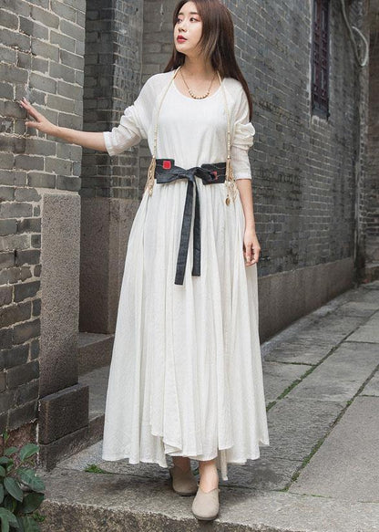 Organic long sleeve cotton linen quilting dresses Work white patchwork Dress summer - SooLinen