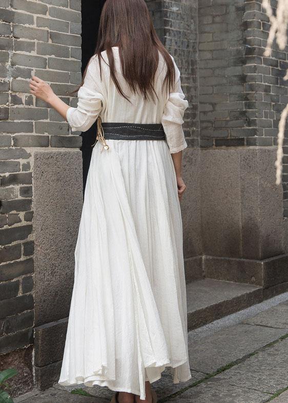 Organic long sleeve cotton linen quilting dresses Work white patchwork Dress summer - SooLinen