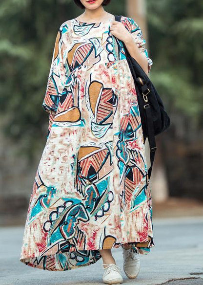 Organic multicolor cotton dress o neck Three Quarter sleeve Kaftan summer Dresses - SooLinen