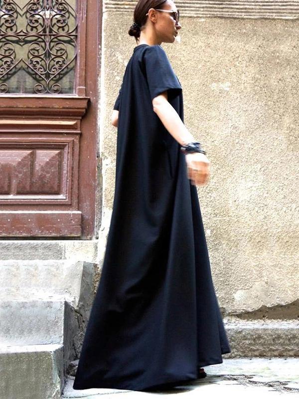 Organic navy dresses short sleeve large hem cotton spring Dresses - SooLinen