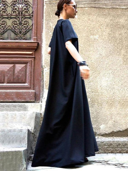 Organic navy dresses short sleeve large hem cotton spring Dresses - SooLinen