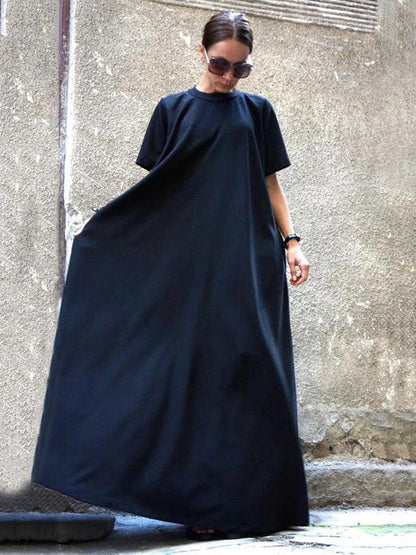 Organic navy dresses short sleeve large hem cotton spring Dresses - SooLinen