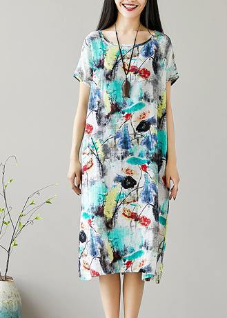 Organic o neck Cotton Tunics Sewing green print Dresses summer - SooLinen