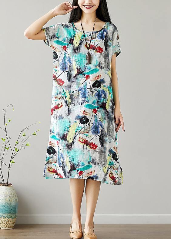 Organic o neck Cotton Tunics Sewing green print Dresses summer - SooLinen