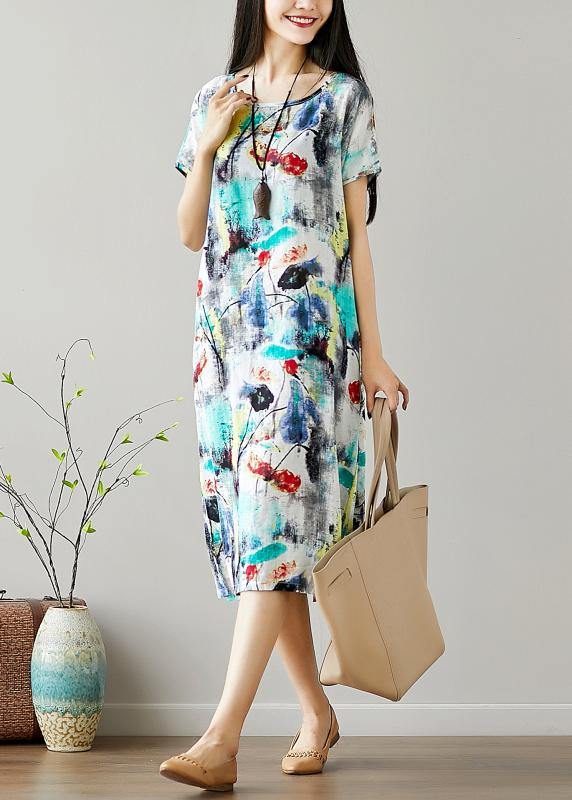 Organic o neck Cotton Tunics Sewing green print Dresses summer - SooLinen