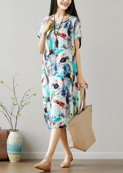 Organic o neck Cotton Tunics Sewing green print Dresses summer - SooLinen