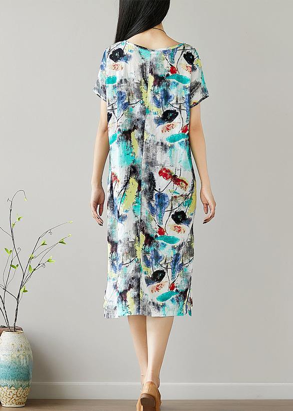 Organic o neck Cotton Tunics Sewing green print Dresses summer - SooLinen