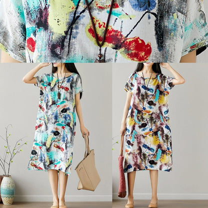 Organic o neck Cotton Tunics Sewing green print Dresses summer - SooLinen