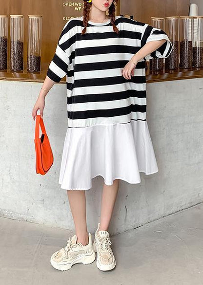 Organic o neck Ruffles summer tunics for women Work black white striped Dresses - SooLinen