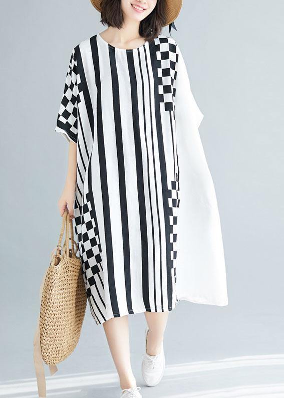 Organic o neck asymmetric Cotton white striped Dress summer - SooLinen