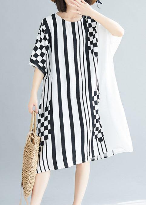 Organic o neck asymmetric Cotton white striped Dress summer - SooLinen
