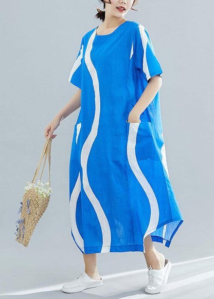 Organic o neck asymmetric cotton tunic top Runway blue striped Art Dresses summer - SooLinen