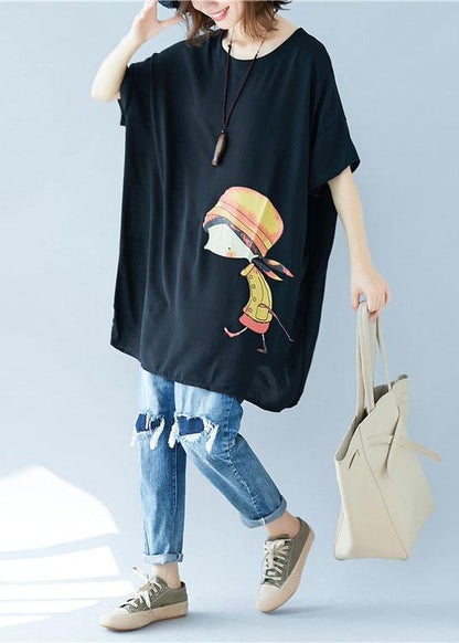 Organic o neck asymmetric linen summer Tunic Shirts black Dress - SooLinen