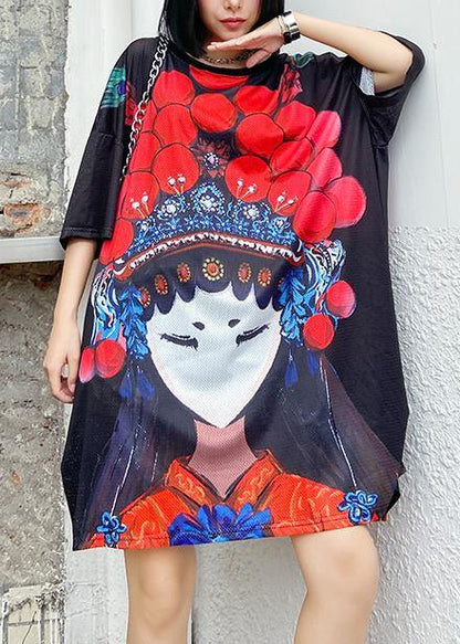 Organic o neck baggy dresses Neckline black print Dress - SooLinen