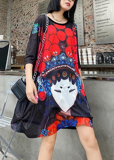 Organic o neck baggy dresses Neckline black print Dress - SooLinen