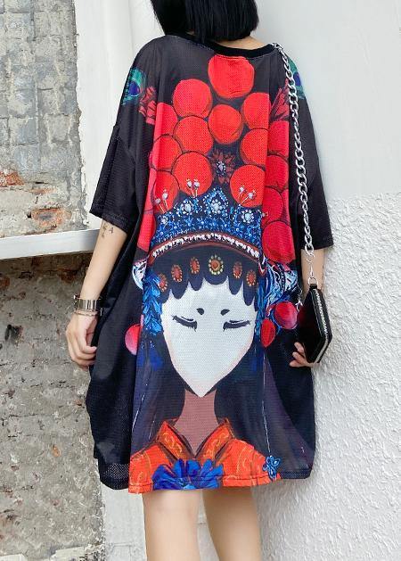 Organic o neck baggy dresses Neckline black print Dress - SooLinen