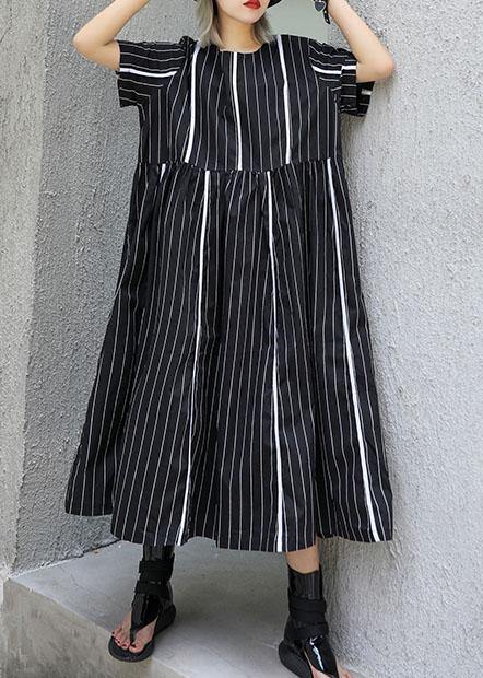 Organic o neck cotton clothes Sleeve black striped Robe Dresses summer - SooLinen