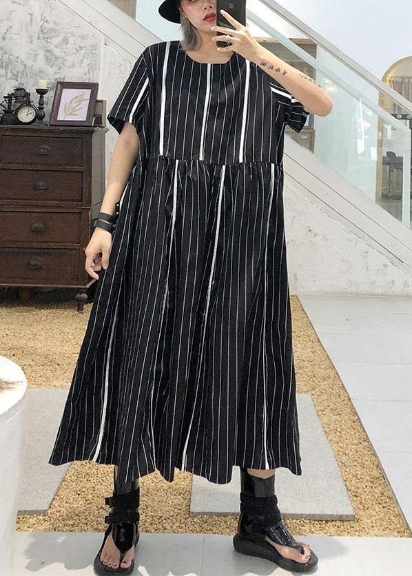 Organic o neck cotton clothes Sleeve black striped Robe Dresses summer - SooLinen