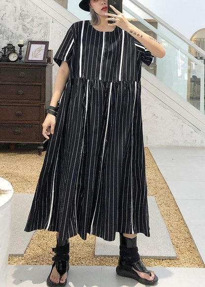 Organic o neck cotton clothes Sleeve black striped Robe Dresses summer - SooLinen