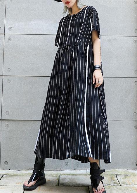 Organic o neck cotton clothes Sleeve black striped Robe Dresses summer - SooLinen