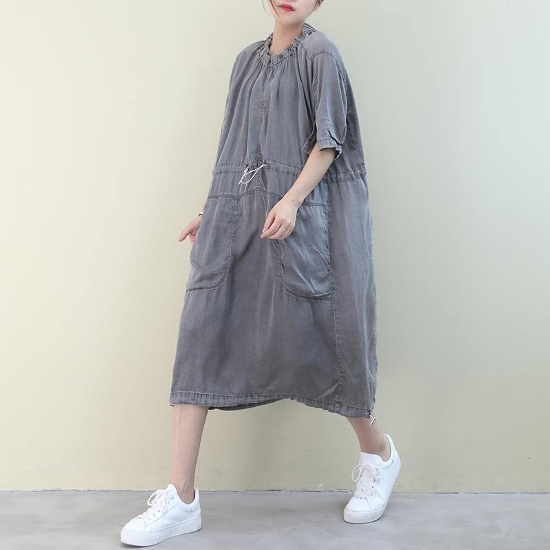 Organic o neck drawstring summer Tunics design green Dresses - SooLinen