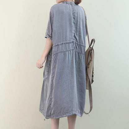 Organic o neck drawstring summer Tunics design green Dresses - SooLinen