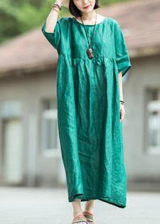 Organic o neck large hem linen dress blackish green Dress summer - SooLinen