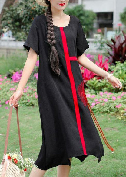 Organic o neck linen Wardrobes Photography black embroidery Dress summer - SooLinen