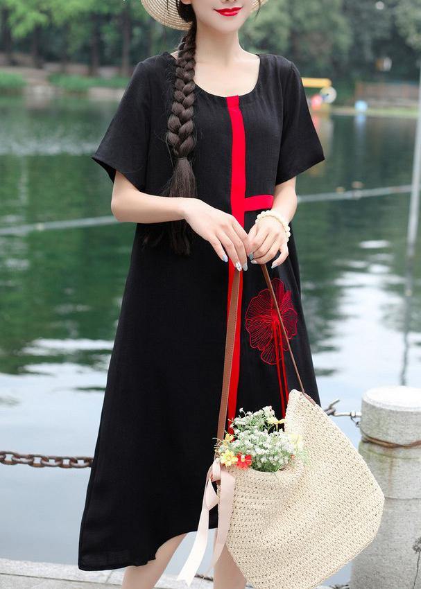 Organic o neck linen Wardrobes Photography black embroidery Dress summer - SooLinen