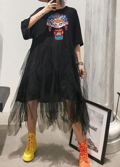 Organic o neck patchwork asymmetric cotton dresses black print Plus Size Dress summer - SooLinen