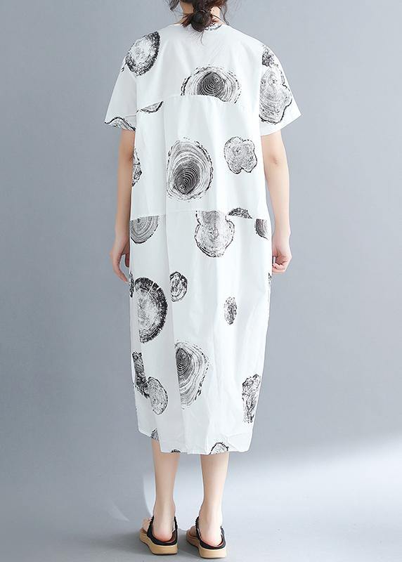 Organic o neck patchwork cotton linen dresses Casual Shirts white dotted Art Dresses Summer - SooLinen