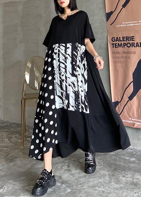 Organic o neck patchwork summer dresses Catwalk black print Art Dress - SooLinen