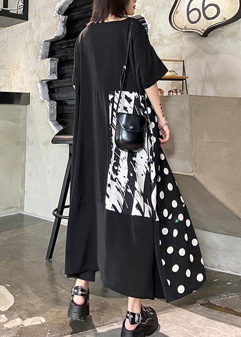 Organic o neck patchwork summer dresses Catwalk black print Art Dress - SooLinen